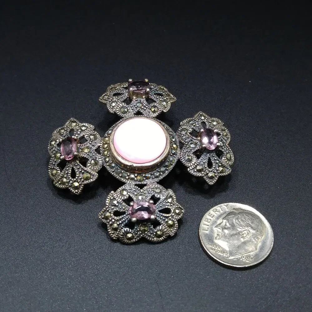 Sterling Marcasite Pink Shell Brooch, 925 NE, Purple Glass, 1950s Vintage
